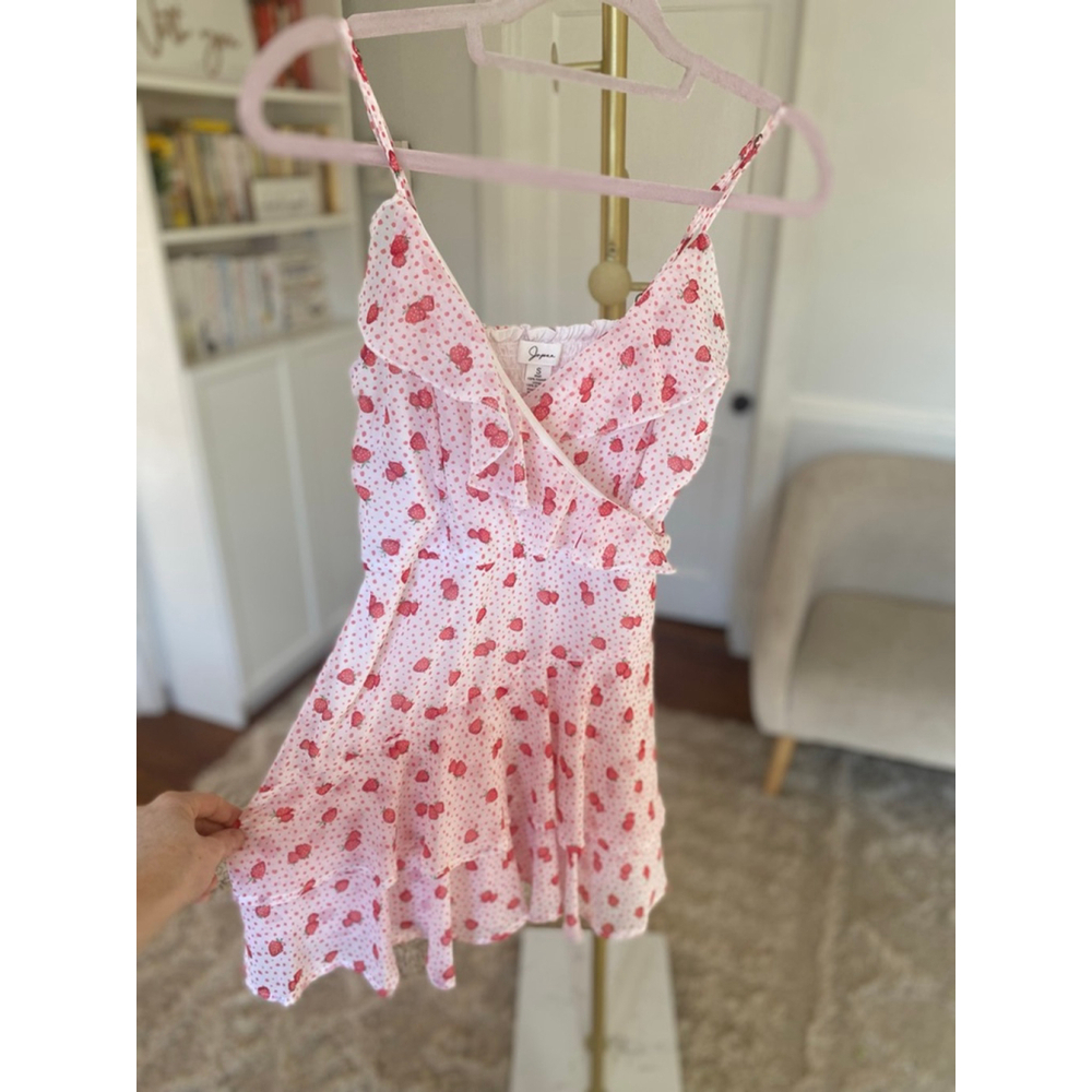 Jopn Strawberry Ruffle Mini Dress Coquette Dainty Feminine Romantic Quiet Luxury - Picture 3 of 6